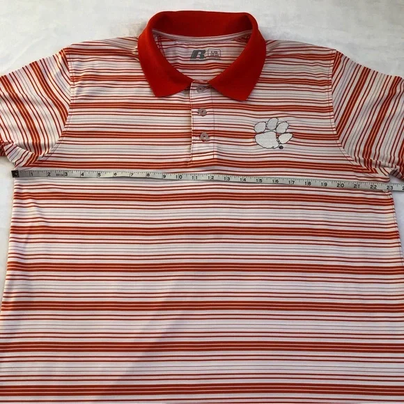 Russell Athletic Clemson Tigers Polo Men’s Size Large Orange & White Striped - Picture 4 of 9